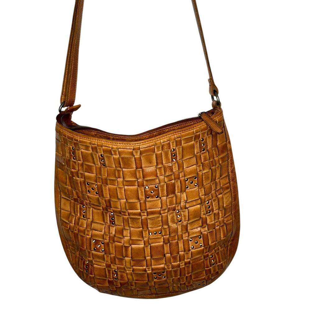 Vilenca‎ Holland Studded Woven Leather Crossbody Shoulder Purse Hobo Brown